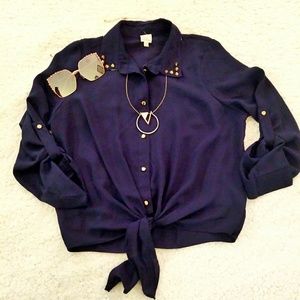 Cover Stitched Blue Gold Studs Button Down Blouse